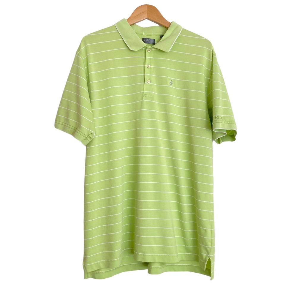 IZOD Mens XL Golf Polo Shirt‎ Green White Striped Athletic Stretch Pima Cotton